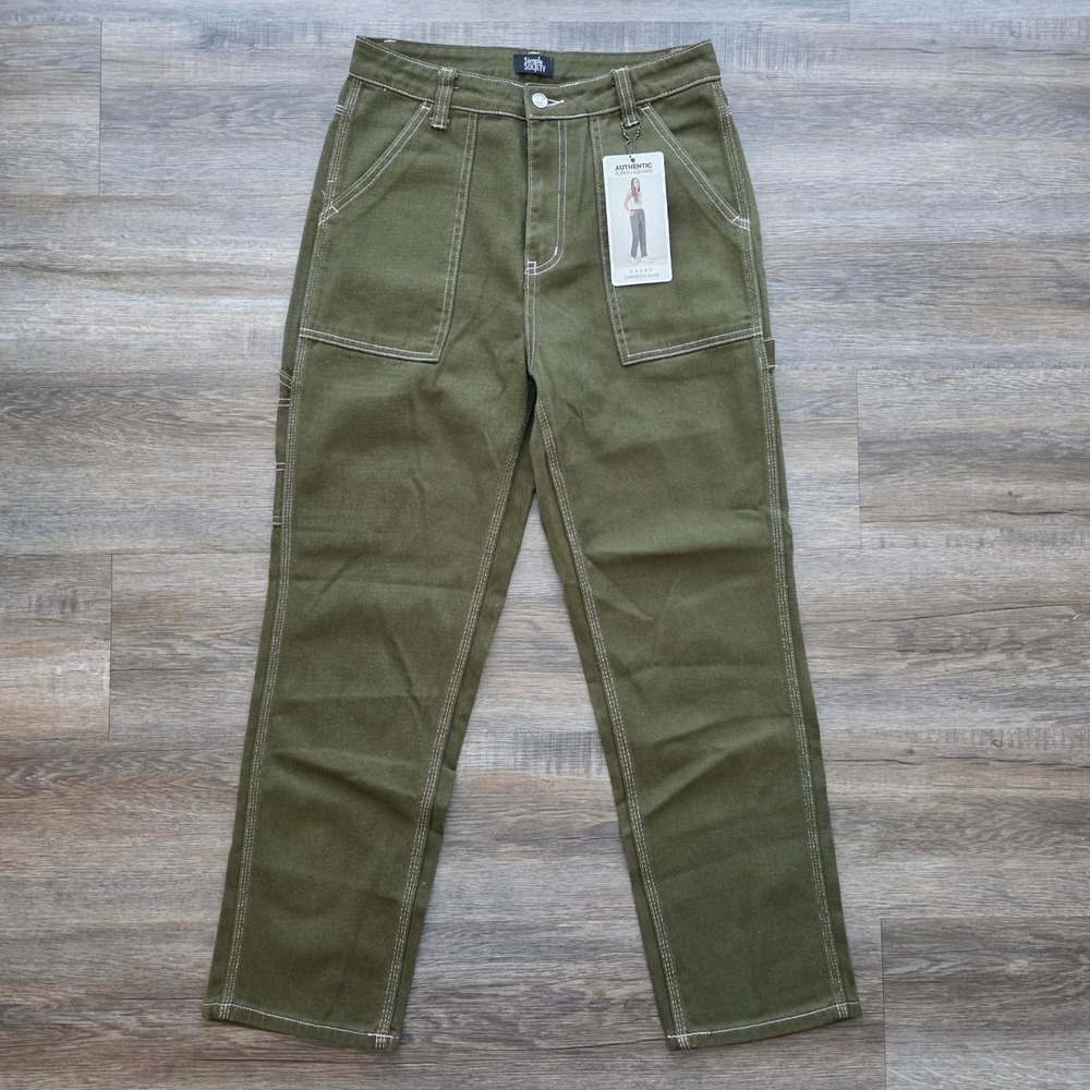 Simple Society Olive Green Carpenter Pants White Contrast Stitch High Rise 7 28